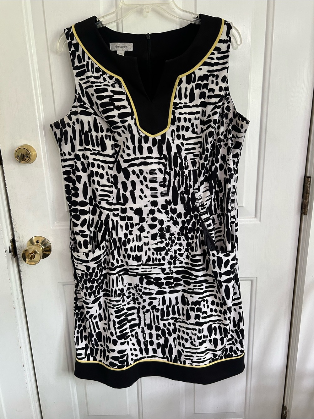 Dress Barn Black & White Abstract Print Mini Dress with Yellow Trim